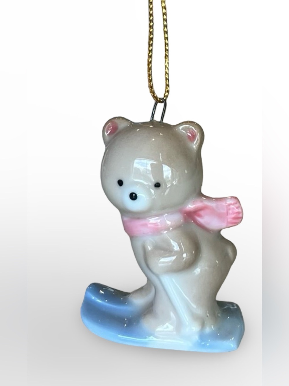 Vintage 1980s Russ Berrie Porcelain Teddy Bear Skiing Christmas Ornament Japan